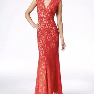 Xscape Red Stretch Contrast-lace Illusion Vneck Fit & Flare Trumpet Gown Size 2